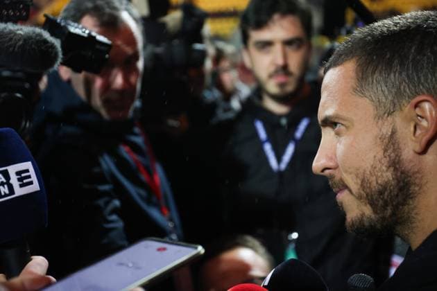 Former International player Eden Hazard talks to the press before a gala soccer game between Variety Club France with various personnalities and a team of Calais, for Les Pieces Jaunes association, Wednesday 18 October 2023, in Calais, France. Belgian Hazard announced last week his retirement. VIRGINIExLEFOUR  x77994881x