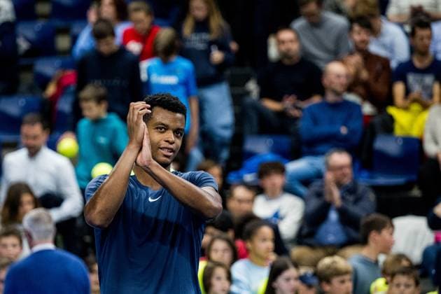 French Giovanni Mpetshi Perricard celebrates winning his match a second round match between French Mpetshi Perricard and Belgian Goffin at the European Open Tennis ATP, Tennis Herren tournament, in Antwerp, Wednesday 18 October 2023. JASPERxJACOBS  x77995017x