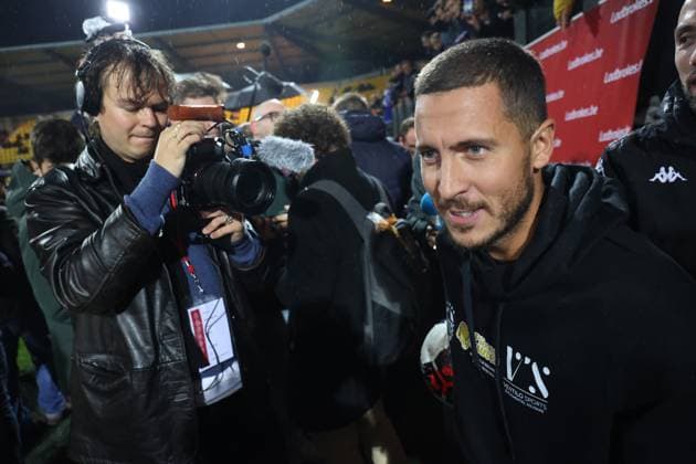 Former International player Eden Hazard talks to the press before a gala soccer game between Variety Club France with various personnalities and a team of Calais, for Les Pieces Jaunes association, Wednesday 18 October 2023, in Calais, France. Belgian Hazard announced last week his retirement. VIRGINIExLEFOUR  x77996656x
