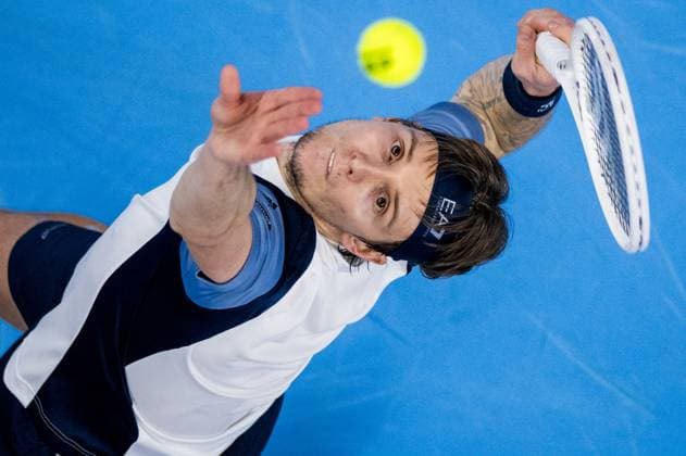 Kazach Alexander Bublik pictured in action during a second round match at the European Open Tennis ATP, Tennis Herren tournament, in Antwerp, Wednesday 18 October 2023. JASPERxJACOBS  x77997047x