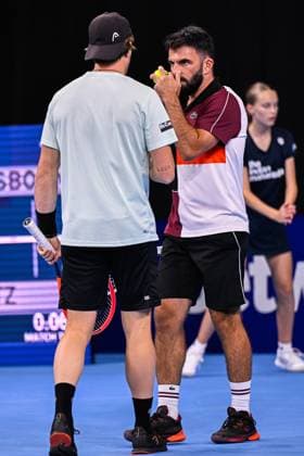 Austrian Sam Weissborn and Monaco s Romain Arneodo pictured during a second round doubles match at the European Open Tennis ATP, Tennis Herren tournament, in Antwerp, Wednesday 18 October 2023. LAURIExDIEFFEMBACQ  x77998084x