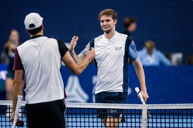 French Gregoire Barrerre and Kazach Alexander Bublik pictured after a second round match at the European Open Tennis ATP, Tennis Herren tournament, in Antwerp, Wednesday 18 October 2023. JASPERxJACOBS  x77998092x