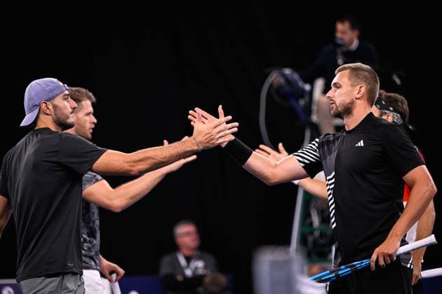 German Constantin Frantzen, German Hendrik Jebens, UK Lloyd Glasspool and Monaco s Hugo Nys pictured after a second round doubles match at the European Open Tennis ATP, Tennis Herren tournament, in Antwerp, Wednesday 18 October 2023. LAURIExDIEFFEMBACQ  x77998117x