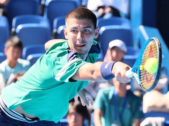 October 19, 2023, Tokyo, Japan - Alexei Popyrin of Australia returns the ball against Cristian Garin of Chile during the second round match of the Japan Open tennis championships at the Ariake Colosseum in Tokyo on Thursday, October 19, 2023. (photo by Yoshio Tsunoda AFLO) Noxthirdxpartyxsales  (0309204161st)