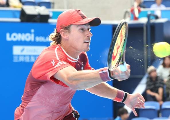 October 19, 2023, Tokyo, Japan - Alex De Minaur of Australia returns the ball against Diego Schwartzman of Argentina during the second round match of the Japan Open tennis championships at the Ariake Colosseum in Tokyo on Thursday, October 19, 2023. (photo by Yoshio Tsunoda AFLO) Noxthirdxpartyxsales  (232935499)