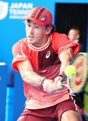 October 19, 2023, Tokyo, Japan - Alex De Minaur of Australia returns the ball against Diego Schwartzman of Argentina during the second round match of the Japan Open tennis championships at the Ariake Colosseum in Tokyo on Thursday, October 19, 2023. (photo by Yoshio Tsunoda AFLO) Noxthirdxpartyxsales  (232935502)