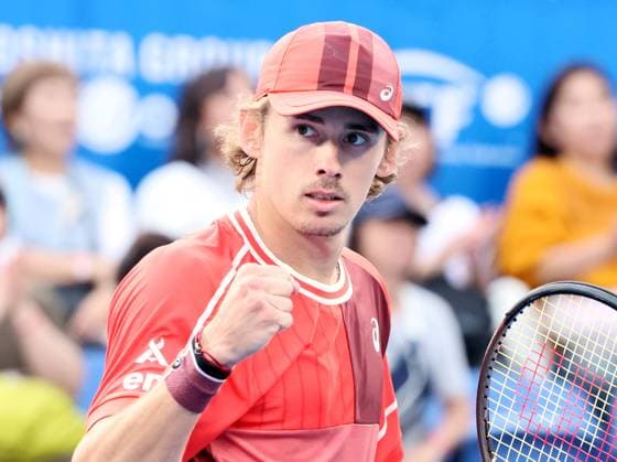 October 19, 2023, Tokyo, Japan - Alex De Minaur of Australia clinches his fist as he defeated Diego Schwartzman of Argentina during the second round match of the Japan Open tennis championships at the Ariake Colosseum in Tokyo on Thursday, October 19, 2023. (photo by Yoshio Tsunoda AFLO) Noxthirdxpartyxsales  (232935506)