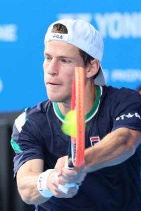 October 19, 2023, Tokyo, Japan - Diego Schwartzman of Argentina returns the ball against Alex De Minaur of Australia during the second round match of the Japan Open tennis championships at the Ariake Colosseum in Tokyo on Thursday, October 19, 2023. (photo by Yoshio Tsunoda AFLO) Noxthirdxpartyxsales  (232935508)
