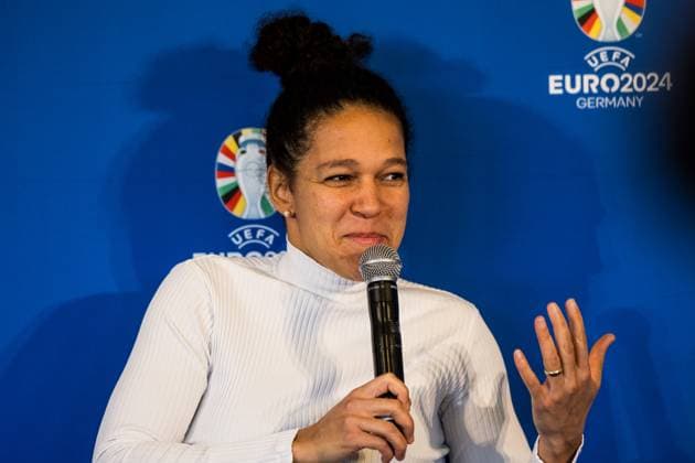 Pressekonferenz zur Bekanntgabe der Partnerschaft zwischen VDV und EURO 2024 GmbH; 19.10.2023 Celia äaöic, Botschafterin der UEFA EURO, EM, Europameisterschaft,Fussball 2024 Pressekonferenz zur Bekanntgabe der Partnerschaft zwischen VDV und EURO 2024 GmbH, Koeln, RheinEnergieStadion am 19.10.2023 Copyright: xBEAUTIFULxSPORTS Wunderlx