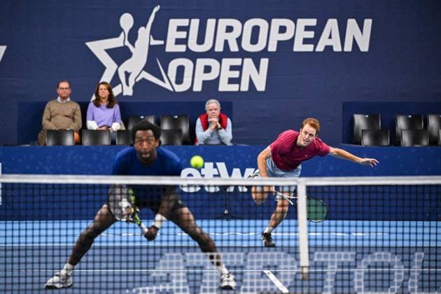 US Evan King and US Reese Stalder pictured in action during a doubles quarter final match at the European Open Tennis ATP, Tennis Herren tournament, in Antwerp, Thursday 19 October 2023. LAURIExDIEFFEMBACQ  x78032944x