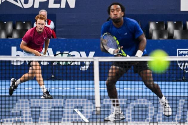 US Reese Stalder and US Evan King pictured in action during a doubles quarter final match at the European Open Tennis ATP, Tennis Herren tournament, in Antwerp, Thursday 19 October 2023. LAURIExDIEFFEMBACQ  x78032962x