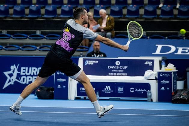 Adam Pavlasek pictured in action during a doubles quarter final match at the European Open Tennis ATP, Tennis Herren tournament, in Antwerp, Thursday 19 October 2023. JASPERxJACOBS  x78033137x