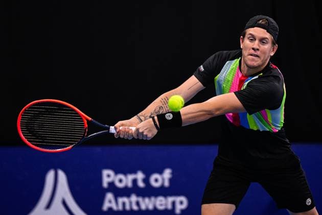 Austrian Sam Weissborn pictured in action during a doubles quarter final match at the European Open Tennis ATP, Tennis Herren tournament, in Antwerp, Thursday 19 October 2023. LAURIExDIEFFEMBACQ  x78042782x