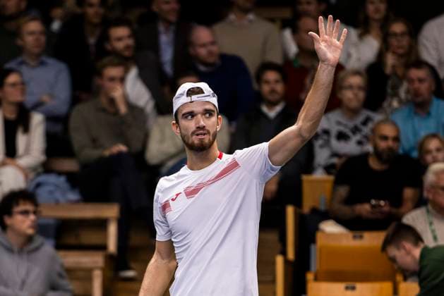 231019 Tomas Machac of the Czech Republic celebrates after winning his match during day 6 of the Nordic Open tennis tournament on October 19, 2023 in Stockholm. Photo: Michael Campanella BILDBYRAN COP 313 MC0068 tennis nordic open day 6 bbeng jubel Copyright: MICHAELxCAMPANELLA BB231019MC010