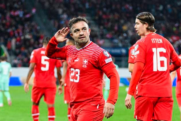 St Gallen, Switzerland - October 15: Xherdan Shaqiri of Switzerland celebrates his goal during the UEFA EURO, EM, Europameisterschaft,Fussball 2024 European qualifier match between Switzerland and Belarus at Kybunpark on October 15, 2023 in St Gallen, Switzerland. St Gallen Kybunpark Sankt Gallen Switzerland Copyright: xJustPictures.ch DanielaxPorcellix jp-en-EuSpIm-MM3_Swiss_Belarus_15Oct2023_SG0792
