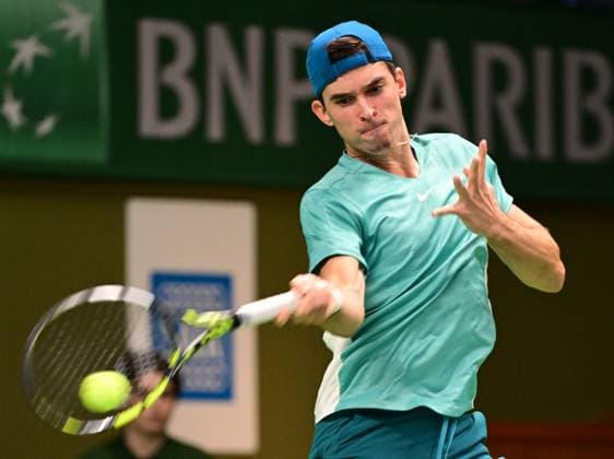 STOCKHOLM 20231019 Dino Prizmic (Croatia) in his match against Elias Ymer during the ATP, Tennis Herren Nordic Open tennis tournament in the Royal Tennis Hall on Thursday. STOCKHOLM Sweden x10030x