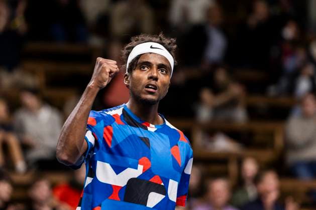 231019 Elias Ymer of Sweden celebrates during day 6 of the Nordic Open tennis tournament on October 19, 2023 in Stockholm. Photo: Michael Campanella BILDBYRAN COP 313 MC0068 tennis nordic open day 6 bbeng sweden sverige jubel Copyright: MICHAELxCAMPANELLA BB231019MC021