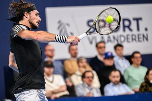 Greek Stefanos Tsitsipas pictured in action during a singles second round match at the European Open Tennis ATP, Tennis Herren tournament, in Antwerp, Thursday 19 October 2023. LAURIExDIEFFEMBACQ  x78057164x