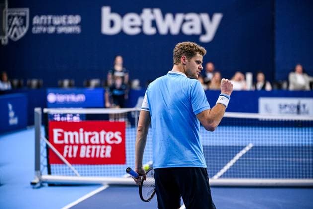 German Yannick Hanfmann reacts during a singles second round match at the European Open Tennis ATP, Tennis Herren tournament, in Antwerp, Thursday 19 October 2023. LAURIExDIEFFEMBACQ  x78061121x