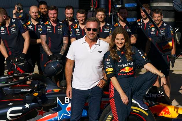 Red Bull Racing team chief Christian Horner and Actress Drew Barrymore pose for a photo in pit lane during the Formula One Grand Prix of the US at the Circuit of The Americas in Austin, Texas, on Thursday, October 19, 2023.  AUS20231019705 GREGxNASH