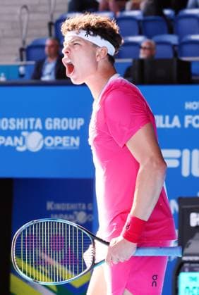 October 20, 2023, Tokyo, Japan - Ben Shelton of the United States shouts as he won a key point against his compatriot Tommy Paul during the quater final match of the Japan Open tennis championships at the Ariake Colosseum in Tokyo on Friday, October 20, 2023. (photo by Yoshio Tsunoda AFLO) Noxthirdxpartyxsales  (0309372393st)