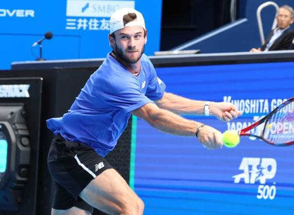October 20, 2023, Tokyo, Japan - Tommy Paul of the United States returns the ball against his compatriot Ben Shelton during the quater final match of the Japan Open tennis championships at the Ariake Colosseum in Tokyo on Friday, October 20, 2023. (photo by Yoshio Tsunoda AFLO) Noxthirdxpartyxsales  (0309372437st)