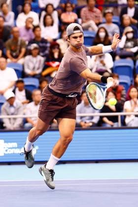 October 20, 2023, Tokyo, Japan: Marcos GIRON (USA) hits a return against Felix AUGER-ALIASSIME (CAN) during their singles quarter-final match of the Kinoshita Group Japan Open Tennis Championships 2023 at the Ariake Coliseum. This is the longest-running ATP, Tennis Herren Tour tournament in Asia, first held in 1972. The tournament runs from October 16 to 22. Giron won 6-1, 6-4. Tokyo Japan - ZUMAm191 20231020_aap_m191_033 Copyright: xRodrigoxReyesxMarinx