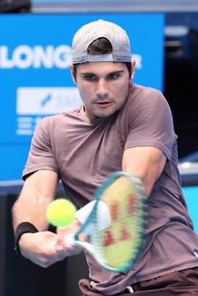 October 20, 2023, Tokyo, Japan - Marcos Giron of the United States returns the ball against Felix Auger-Aliassime of Canada during the quater final match of the Japan Open tennis championships at the Ariake Colosseum in Tokyo on Friday, October 20, 2023. (photo by Yoshio Tsunoda AFLO) Noxthirdxpartyxsales  (233036342)