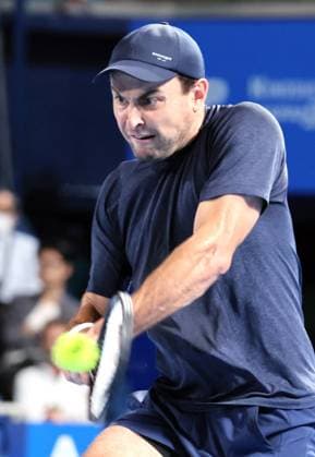 October 20, 2023, Tokyo, Japan - Aslan Karatsev of Russia returns the ball against Alex De Minaur of Australia during the quater final match of the Japan Open tennis championships at the Ariake Colosseum in Tokyo on Friday, October 20, 2023. (photo by Yoshio Tsunoda AFLO) Noxthirdxpartyxsales  (0309405235st)