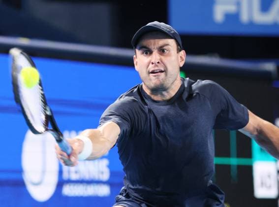 October 20, 2023, Tokyo, Japan - Aslan Karatsev of Russia returns the ball against Alex De Minaur of Australia during the quater final match of the Japan Open tennis championships at the Ariake Colosseum in Tokyo on Friday, October 20, 2023. (photo by Yoshio Tsunoda AFLO) Noxthirdxpartyxsales  (0309405249st)
