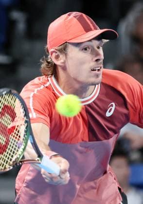 October 20, 2023, Tokyo, Japan - Alex De Minaur of Australia returns the ball against Aslan Karatsev of ARussia during the quater final match of the Japan Open tennis championships at the Ariake Colosseum in Tokyo on Friday, October 20, 2023. (photo by Yoshio Tsunoda AFLO) Noxthirdxpartyxsales  (0309405275st)