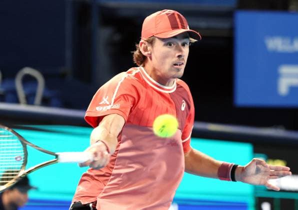 October 20, 2023, Tokyo, Japan - Alex De Minaur of Australia returns the ball against Aslan Karatsev of ARussia during the quater final match of the Japan Open tennis championships at the Ariake Colosseum in Tokyo on Friday, October 20, 2023. (photo by Yoshio Tsunoda AFLO) Noxthirdxpartyxsales  (0309405294st)