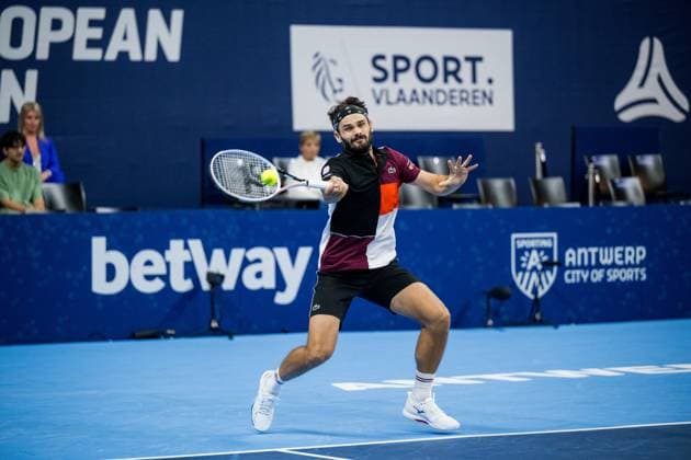 Monaco s Hugo Nys pictured in action during a singles second round match at the European Open Tennis ATP, Tennis Herren tournament, in Antwerp, Thursday 19 October 2023. LAURIExDIEFFEMBACQ  x78099039x