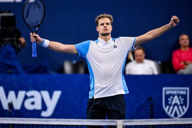 German Yannick Hanfmann celebrates winning his match a singles second round match at the European Open Tennis ATP, Tennis Herren tournament, in Antwerp, Thursday 19 October 2023. LAURIExDIEFFEMBACQ  x78064061x