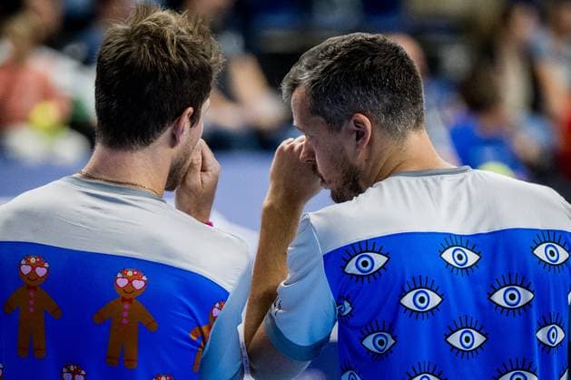 Ariel Behar and Adam Pavlasek pictured during a singles second round match at the European Open Tennis ATP, Tennis Herren tournament, in Antwerp, Thursday 19 October 2023. LAURIExDIEFFEMBACQ  x78098379x