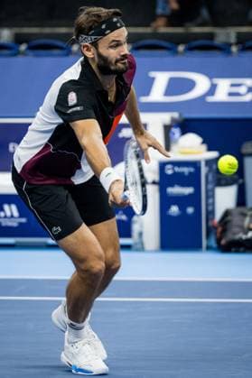 Monaco s Hugo Nys pictured in action during a singles second round match at the European Open Tennis ATP, Tennis Herren tournament, in Antwerp, Thursday 19 October 2023. LAURIExDIEFFEMBACQ  x78099000x