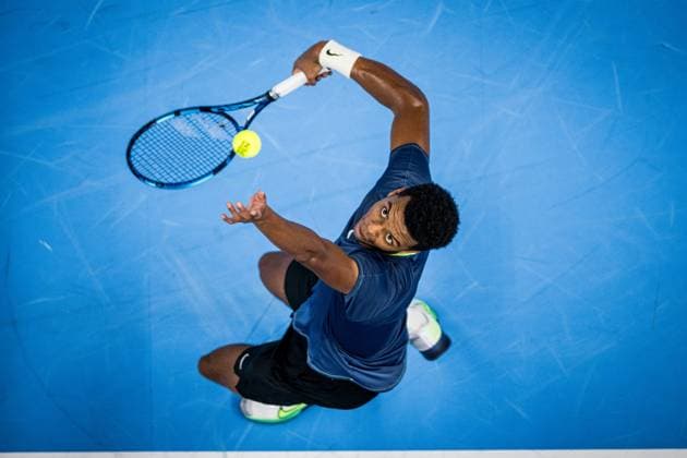 French Giovanni Mpetshi Perricard pictured in action during a quarter final single match at the European Open Tennis ATP, Tennis Herren tournament, in Antwerp, Friday 20 October 2023. JASPERxJACOBS  x78111818x