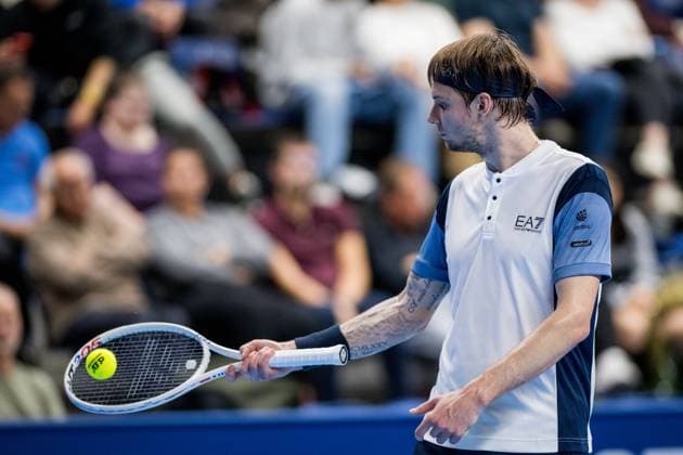 Kazach Alexander Bublik pictured in action during a quarter final single match at the European Open Tennis ATP, Tennis Herren tournament, in Antwerp, Friday 20 October 2023. JASPERxJACOBS  x78111868x