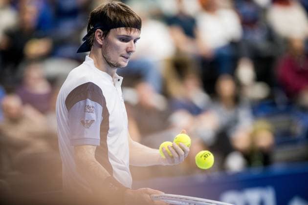 Kazach Alexander Bublik pictured in action during a quarter final single match at the European Open Tennis ATP, Tennis Herren tournament, in Antwerp, Friday 20 October 2023. JASPERxJACOBS  x78111909x