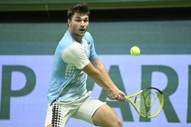 Tennis, ATP-Turnier in Stockholm STOCKHOLM 20231020 Miomir Kecmanovic, Serbia, plays quarterfinal against Elias Ymer, Sweden, during the Nordic Open tennis tournament in the Royal Tennis Hall in Stockholm, Sweden, on Oct. 20, 2023.. STOCKHOLM SWEDEN x10080x