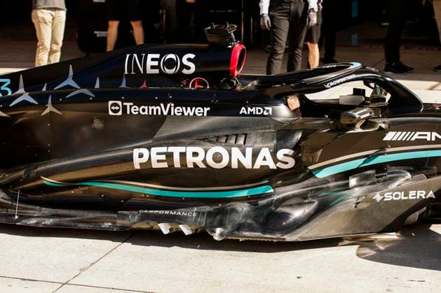 Mercedes AMG F1 Team W14, mechanical detail floor aerodynamism, aerodynamic, aerodynamics sidepod during the 2023 Formula 1 Lenovo United States Grand Prix, 18th round of the 2023 Formula One World Championship, WM, Weltmeisterschaft from October 20 to 22, 2023 on the Circuit of The Americas, in Austin, USA - F1 - US GRAND PRIX 2023 DPPI Panoramic  00123040__R3_0928