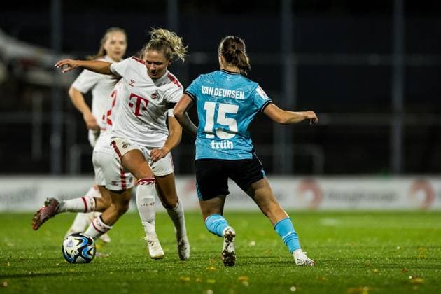 GOOGLE PIXEL Frauen Bundesliga: 1. FC Koeln - Bayer 04 Leverkusen; 20.10.2023 Marleen Schimmer (1. FC Koeln, 23), Eva van Deursen (Bayer 04 Leverkusen, 15) GOOGLE PIXEL Frauen Bundesliga, 1. FC Koeln - Bayer 04 Leverkusen, Koeln, Franz-Kremer-Stadion am 20.10.2023 DFB REGULATIONS PROHIBIT ANY USE OF PHOTOGRAPHS AS IMAGE SEQUENCES AND OR QUASI-VIDEO. Copyright: xBEAUTIFULxSPORTS Wunderlx