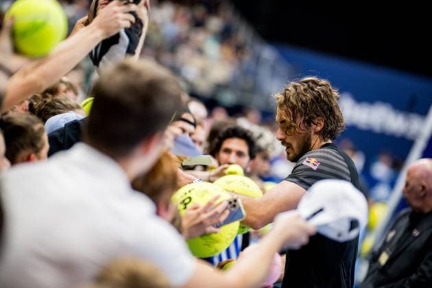 Sport Bilder des Tages Greek Stefanos Tsitsipas signs an autograph during a quarter final single match at the European Open Tennis ATP, Tennis Herren tournament, in Antwerp, Friday 20 October 2023. JASPERxJACOBS  x78130023x