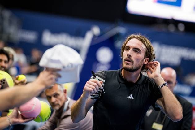 Greek Stefanos Tsitsipas signs an autograph during a quarter final single match at the European Open Tennis ATP, Tennis Herren tournament, in Antwerp, Friday 20 October 2023. JASPERxJACOBS  x78130038x