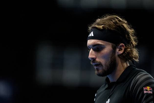 Greek Stefanos Tsitsipas pictured during a quarter final single match at the European Open Tennis ATP, Tennis Herren tournament, in Antwerp, Friday 20 October 2023. JASPERxJACOBS  x78130078x