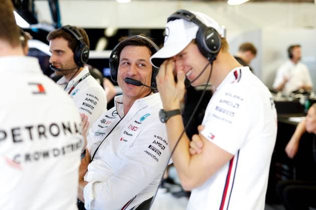 Toto Wolff (AUT, Mercedes-AMG Petronas F1 Team), Mick Schumacher (DEU, Mercedes-AMG Petronas F1 Team), F1 Grand Prix of USA at Circuit of The Americas on October 20, 2023 in Austin, United States of America. (Photo by HOCH ZWEI) Austin United States of America