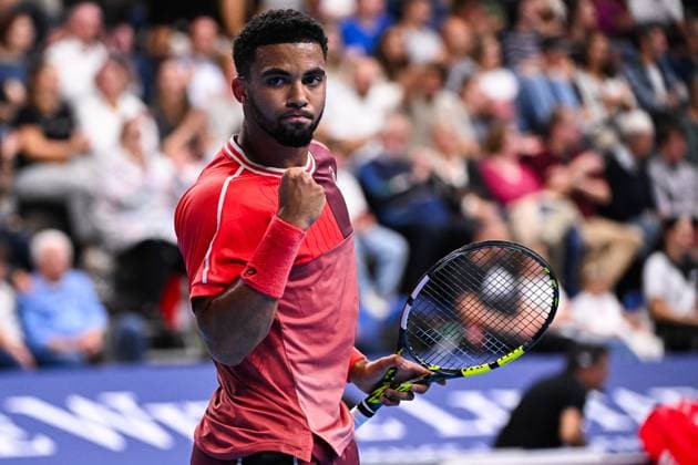 French Arthur Fils reacts during a quarter final single match at the European Open Tennis ATP, Tennis Herren tournament, in Antwerp, Friday 20 October 2023. LAURIExDIEFFEMBACQ  x78134276x