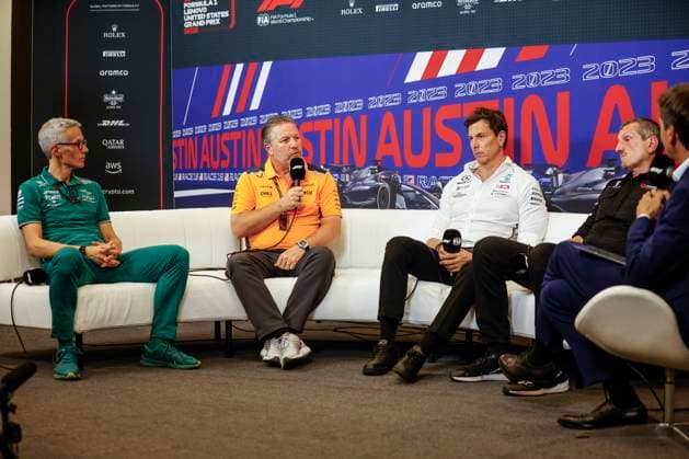Mike Krack (Aston Martin Aramco Cognizant F1 Team), Zak Brown (USA, McLaren F1 Team), Toto Wolff (AUT, Mercedes-AMG Petronas F1 Team), Guenther Steiner (ITA, MoneyGram Haas F1 Team), F1 Grand Prix of USA at Circuit of The Americas on October 20, 2023 in Austin, United States of America. (Photo by HOCH ZWEI) Austin United States of America