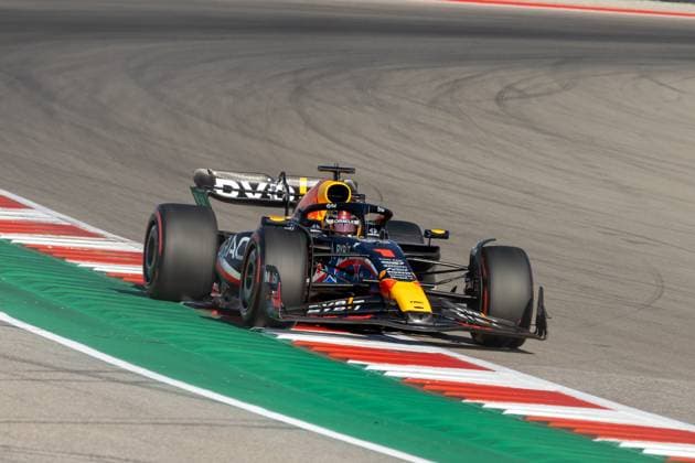 AUSTIN, TX - OCTOBER 20: Oracle Red Bull Racing driver Max Verstappen (1) of the Netherlands rides the rumble strips while leaving turn 19 during the qualifying session of the Formula 1 Lenovo United States Grand Prix on October 20, 2023, at Circuit of The Americas in Austin, Texas. (Photo by David Buono Icon Sportswire) AUTO: OCT 20 F1 United States Grand Prix EDITORIAL USE ONLY Icon2310201221