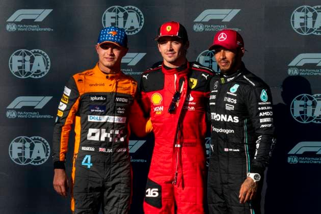 British Formula One driver Lando Norris of McLaren F1 Team, Monaco s Formula One driver Charles Leclerc of Scuderia Ferrari and British Formula One driver Lewis Hamilton of Mercedes-AMG Petronas pose for photo following qualifying for the Formula One Grand Prix of the US at the Circuit of The Americas in Austin, Texas, on Friday, October 20, 2023.  AUS20231020212 GREGxNASH